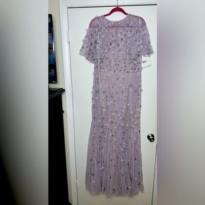 $698 MAC DUGGAL Beaded Floral Appliqué Tulle Capelet Gown In Vintage Lilac Sz 14
